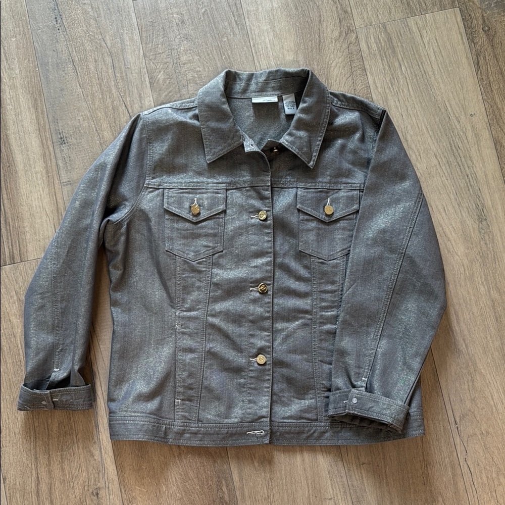 Chico’s Platinum Metallic Gray Trucker Jacket